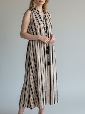 Scanlan Theodore Sleeveless Beige Black Striped Cinch Waist Bohemian Midi Dress